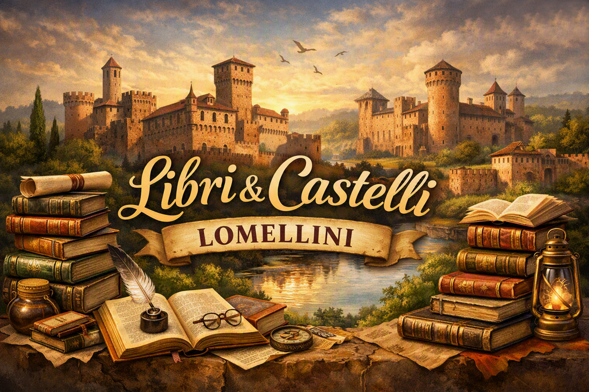Locandina della presentazione dei libri sui castelli della Lomellina a Sannazzaro de' Burgondi
