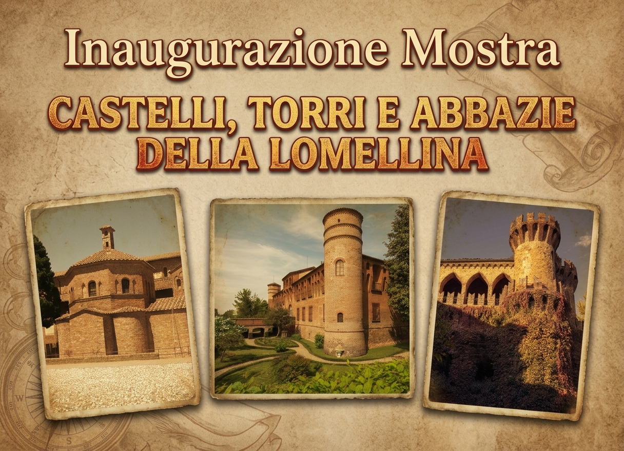 Locandina della mostra Castelli, Torri e Abbazie della Lomellina